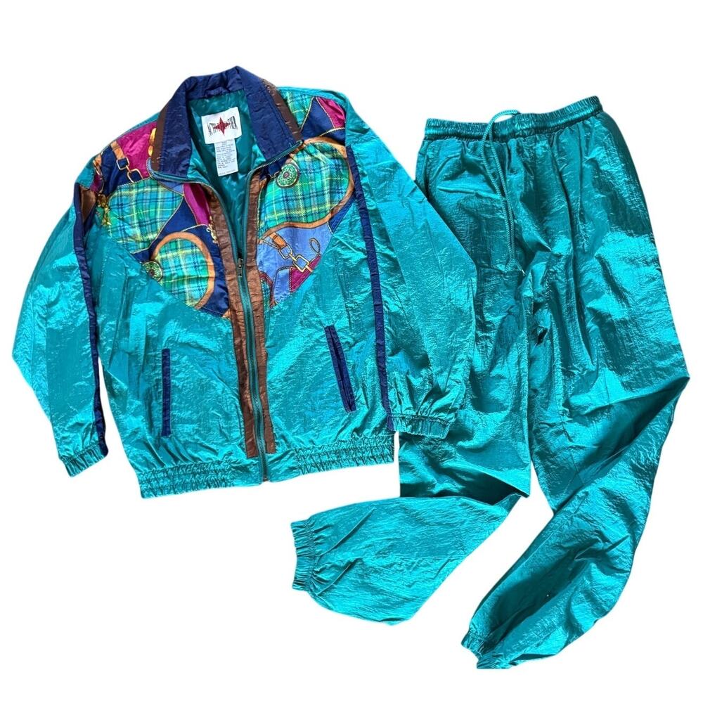 Vintage 80s Active Frontier Tracksuit Gold Turquoise Aqua Pink Women Windbreaker